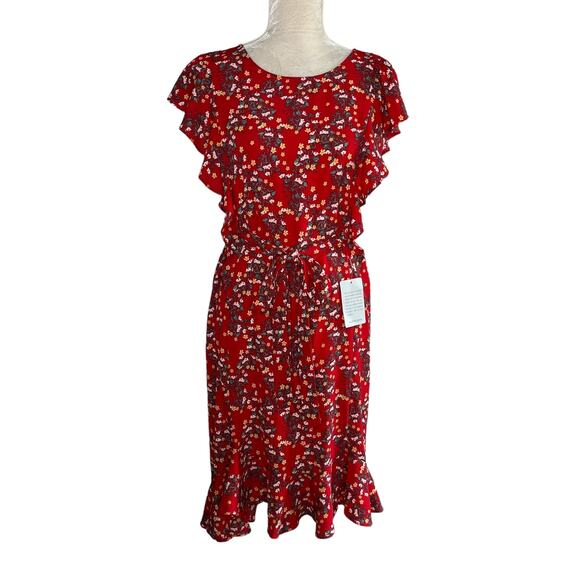 Max Studio Floral Midi Dress Red Small Ruffles Belted New - Picture 1 of 15